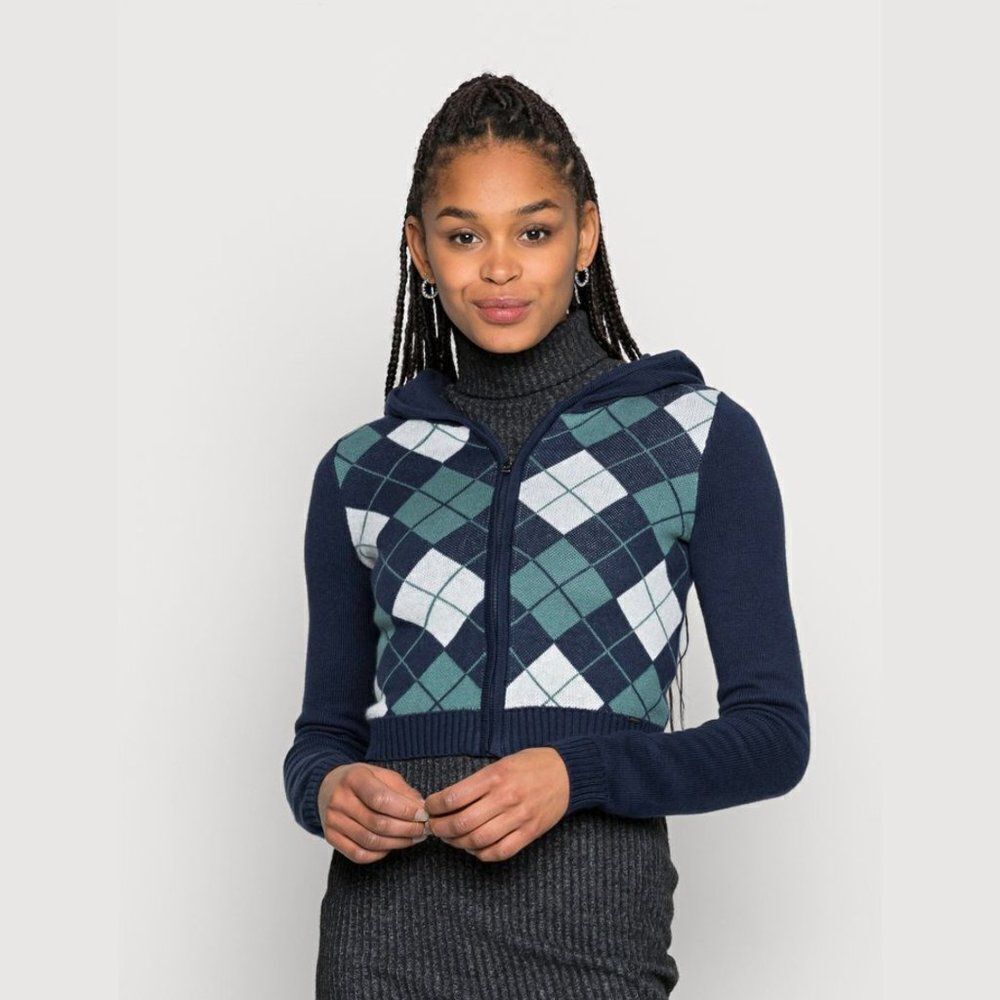 Hollister Co. Women's Full Zip Hooded Cardigan Argyle Long Sleeve Sweater Size M
